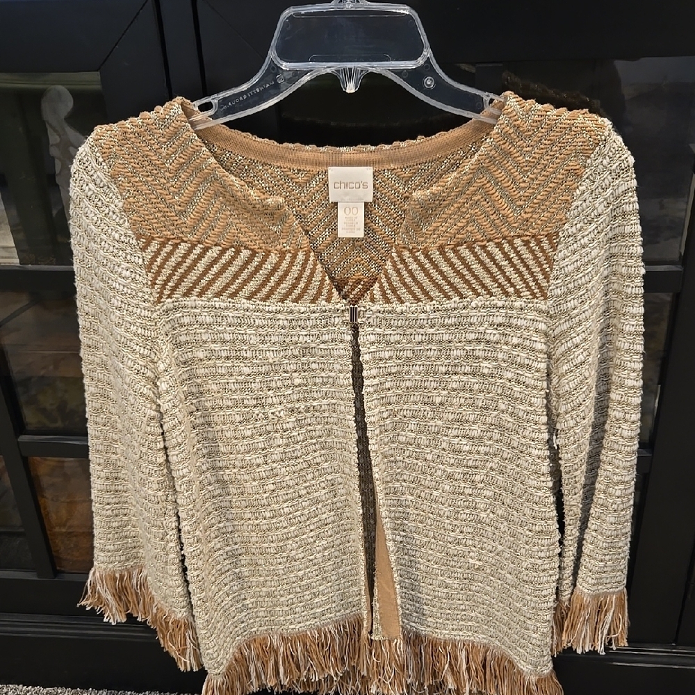 Chico's Tan Cardigan with Fringe and Lattice Knit